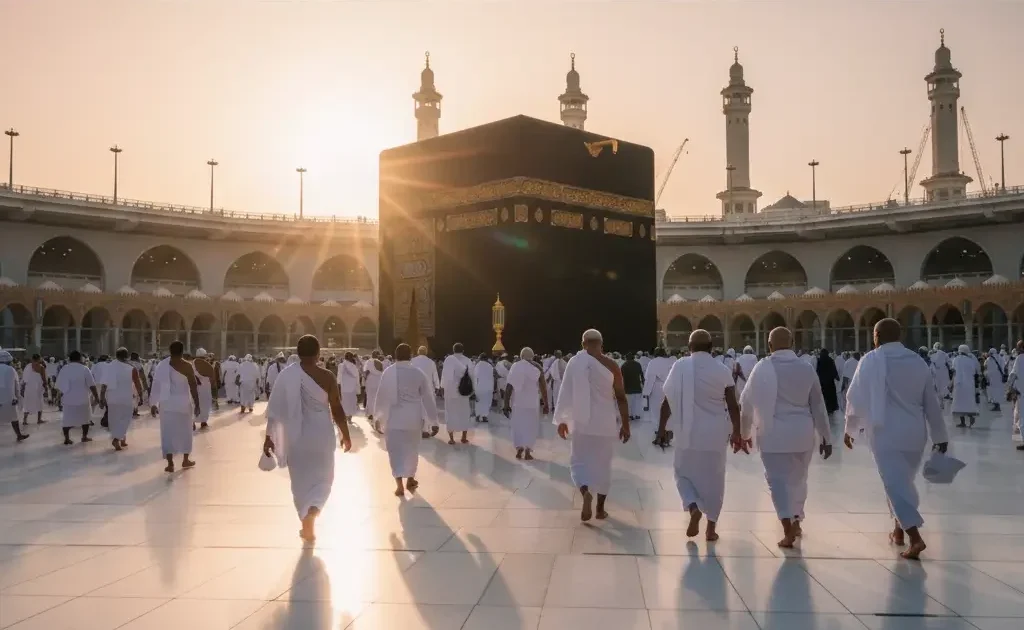 Pilgrims walking towards the Kaaba during Hajj and Umrah 2025 – travel agency guide