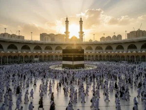 Pilgrims in white Ihram clothing walking towards the Kaaba in Mecca during Hajj and Umrah