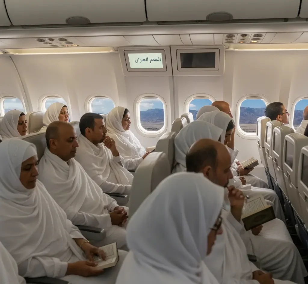 Pilgrims inside an airplane changing into ihram as they approach the miqat before Hajj or Umrah.