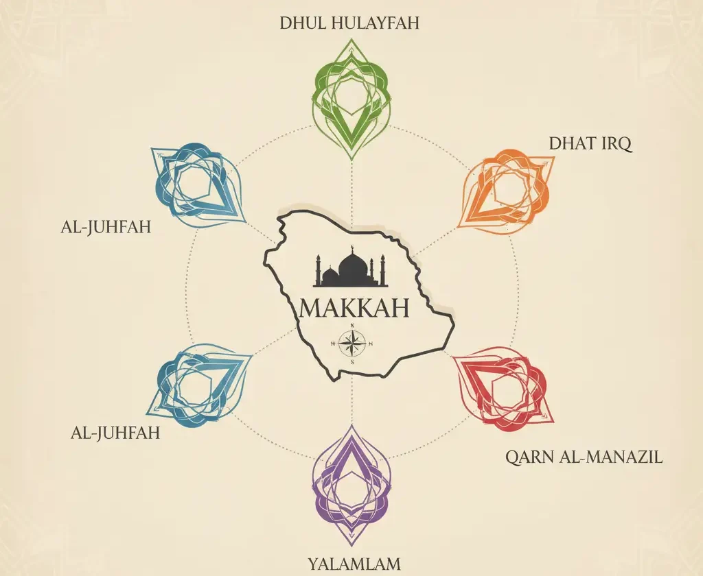 Map showing the five Miqats of Hajj and Umrah around Makkah with Dhul Hulayfah, Al-Juhfah, Qarn al-Manazil, Dhat Irq, and Yalamlam marked